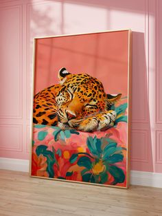 a painting of a leopard laying down on a floral bed sheet in front of a pink wall