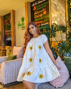 This beautiful short Habesha Kemis is a true masterpiece, with an elegant Tilf design that adds a touch of sophistication and tradition to the overall look. The intricate Tilf embroidery is present on the neckline, sleeves, and hemline, creating a mesmerizing pattern that is both intricate and modern. The Kemis is made of luxurious Fetil material, which drapes beautifully on the body, creating a flattering silhouette. The Fetil material is soft and lightweight, making it perfect for a short dres Ethiopian Clothing, Habesha Dress, Ethiopian Traditional Dress, Ethiopian Dress, Habesha Kemis, Kaftan Designs, Sewing Fashion, Kente Styles, Dress Vacation