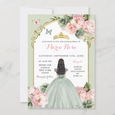 an elegant princess birthday party with pink roses and green leaves on the front, white background