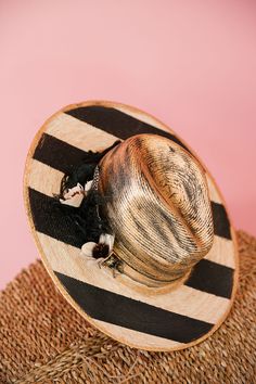 THE SANTORINI SUN HAT Sun hat Judith March Luxury Black Hat Bands For Beach, Painted Stripes, Paint Stripes, Black Feathers, Travel Companion, Sun Hat, Black Paint, Santorini, Gold Accents