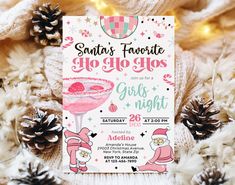 a pink and white christmas party with pine cones