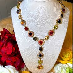 Gemstone Jeweled Accent Necklace Multi Colored Rhinestone Gemstones On Gold New! This Is Absolutely Stunning On! Compliment A Dress To An Event Or Dress Up Any Basic Shirt Or Dress. Offers Encouraged Unless Marked Firm Case777 Rare Gemstones, Basic Shirts, A Dress, Earring Necklace, Multi Colored, Womens Jewelry Necklace, Gemstone Jewelry, New Color, Fashion Accessories