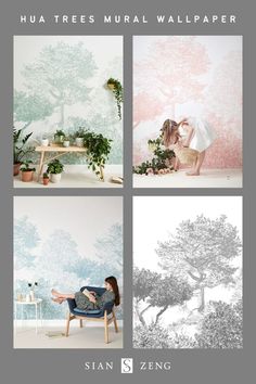 Hua Trees mural wallpaper shown in four colourways Trees Mural, Trees Wallpaper, Tree Mural, A N Wallpaper, Dusty Green, Woodland Scene, Image Bank, Tree Wallpaper, Wallpaper Calculator