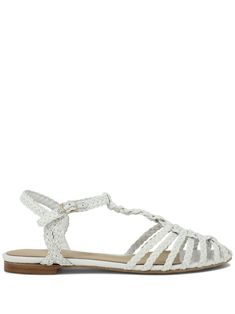 white nappa leather braid detailing gold-tone hardware caged design round toe buckle-fastening ankle strap branded leather insole flat leather sole Braided Leather Sandals, Chanel 2, Iconic Bags, Loafer Mules, Summer Beach Wear, Flat Boots, Ballet Flat Shoes, Pump Sandals, Ski Wear