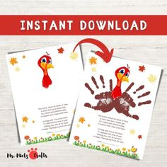 the turkey handprint is being displayed on two cards