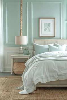 a bed with white linens and pillows in a room painted light blue, along with two lamps on either side of the bed