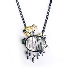 One of a Kind Tourmalinated Quartz, 18kt Gold, Oxidized Sterling Silver, Gemstone and Diamond Flower Pendant Necklace by Diana Vincent Fluid Jewelry, Hand Carved Stone, Tourmalinated Quartz, Oxidized Sterling Silver, Sapphire Blue, Stone Carving, Silver Diamonds, Diamond Gemstone, Pink Sapphire