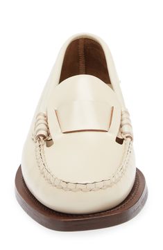 Decorative stitching adds a subtle twist to the toe of this timeless leather loafer finished with a minimalist strap and low heel. Leather upper, lining and sole Made in Spain Classic Cream Slip-on Moccasins, Classic Calf Leather Loafers With Low Heel, Classic Beige Closed Toe Oxfords, Classic Beige Tassel Loafers For Formal Wear, Classic Beige Tassel Loafers For Formal Occasions, Classic Low Heel Moccasins For Work, Classic Brogue Loafers With Low Heel, Classic Loafers With Rubber Sole And Low Heel, Classic Beige Loafers With Flat Heel