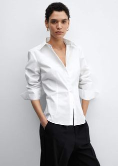 Fitted cotton shirt -  Women | Mango USA Cotton Shirts Women, Flowy Shirt, Linen Blend Shirt, Tailored Design, Tailored Dress, Suit Style, Straight Trousers, Knit Shirt, Dress Suits