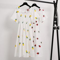 Kawaii Mini Dress For Summer, White Short Sleeve Kawaii Dress, Kawaii Mini Length Summer Dress, Kawaii Summer Mini Dress, Casual Summer Dresses With Fruit Print, Spring Short Sleeve Kawaii Dress, Spring Kawaii Short Sleeve Dresses, Casual Fruit Print Dresses For Spring, Casual White Dress With Fruit Print