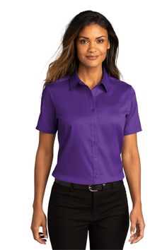 Shop Port Authority LW809 in Purple & get instant bulk discounts. This is 55% Cotton, 45% Polyester Women Dress Shirt | Ships Fast | Award-Winning Customer Service. Office Shirt, Port Authority, Twill Shirt, Ladies Short, Work Wear Women, Dress Shirts For Women, Woven Dress, Work Shirts, Polished Look