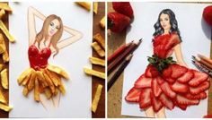 two pictures with strawberries and french fries in the shape of women's dresses