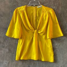 Brilliant Yellow Blouse * Never Used * Still With Tags * Little Sticky Stain Almost Not Noticeable And Could Be Fixed After First Wash. Yellow V-neck Top For Party, Elegant Yellow V-neck Top, Elegant Yellow V-neck Blouse, Zara Yellow Party Top, Yellow Zara Top For Party, Fitted Yellow Zara Blouse, Chic Yellow Zara Blouse, Chic Yellow V-neck Top, Zara V-neck Top For Brunch