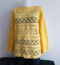 "Lemon Yellow Crochet jumper long sleeve top  crochet sweater Yellow Sweater Womens Jumper Gift for her Gift for women This hand knit  top is loose fitting, Crochet lace design, trendy and  eye-catching will goes well with skirts or trousers  Size:  12 - 14  UK           40 - 42 EU              8 - 10 US Measurements:-  Bust across 44\"                         Full Length 33\"              Wash Care: Machine wash 30o Do not bleach Cool Iron Can be dry clean" Spring Crochet Crew Neck Sweater, Hand Knitted Long Sleeve Sweater For Spring, Hand Knitted Long Sleeve Spring Sweater, Yellow Pointelle Knit Sweater For Winter, Spring Hand Knitted Long Sleeve Sweater, Long Sleeve Knitting Pattern For Spring, Long Sleeve Crochet Top With Pointelle Knit, Spring Long Sleeve Knitting Pattern, Yellow Long Sleeve Pointelle Knit Sweater