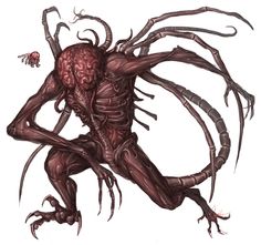 an alien creature with long legs and large arms, holding its head in the air