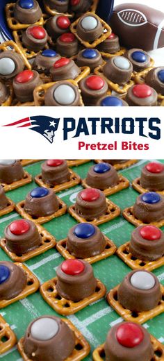 chocolate pretzel bites are arranged on a football field with the nfl logo in the middle