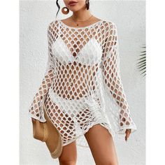 Size: One Size Crochet Cover-Ups For Swimwear Women Fit Us Size S-L, Length: 31.5" Bust: 43.3" Shoulder: 22" The Crochet Dress Features A Low Neckline And Long Sleeves For A Flirty And Sexy Look. Hollow Out And Knitted Mesh Details Add A Touch Of Elegance And Femininity Beach Coverups For Women Is Made From A Lightweight, Comfortable Fabric That Is Cool And Breathable For Summer Wear, Soft To The Touch And Has A Drawstring Hem For A Slimming Effect This Long Sleeve Crochet Cover-Up Dress Can Be Lightweight Swimwear For Summer Beach Cover-up, Fitted One-piece Beach Season Cover-up, Fitted One-piece Beach Cover-up, Fitted One-piece Summer Cover-up, White Summer Swimming Cover-up, Fitted Cover-up For Swimming Beach Season, Fitted Cover-up For Beach Season Swimming, Fitted Beach Season Cover-up For Swimming, Fitted One-piece Cover-up For The Beach