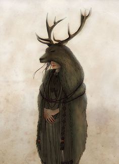 a drawing of a woman with antlers on her head