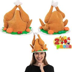 a woman wearing two turkey hats on her head and another hat with an orange turkey on it