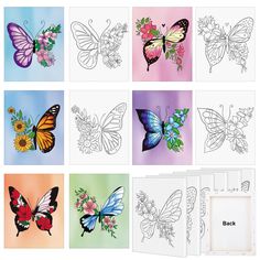 six different colored butterfly cards with flowers and butterflies on the front, two are blank