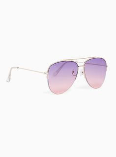 A pair of gold-tone wire-frame aviator sunglasses feature an ombre purple to pink fade. 100% UV protection. Adjustable nose pad. Brow bar. Man-made materials. Imported. The best plus size women's purple & pink faded aviator sunglasses eyewear in gold. Pink Metal Frame Sunglasses For Summer, Spring Aviator Sunglasses With Gradient Lenses, Summer Pink Sunglasses With Metal Frame, Pink Polarized Aviator Sunglasses, Pink Aviator Sunglasses With Tinted Lenses, Spring Metal Frame Aviator Sunglasses, Spring Beach Aviator Sunglasses, Pink Aviator Sunglasses With Uv Protection, Pink Tinted Aviator Sunglasses