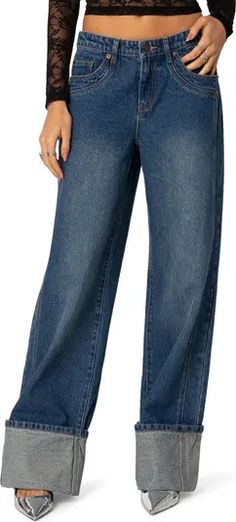 Free shipping and returns on EDIKTED Vesper Cuffed Wide Leg Jeans at Nordstrom.com. <p>Baggy wide legs give laid-back shape to these cuffed low-rise jeans cut from nonstretch denim for an authentic feel.</p> Cuffed Jeans, Rollerball Perfume, Low Rise Jeans, Fabric Gift Bags, Fragrance Design, Wide Legs, Fabric Gifts, Nordstrom Store, Free Fabric