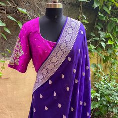 Pure Banarasi chiffon silk saree | traditional silk saree | sari with blouse set | silk sari with maggam blouse |silk mark sarees USA | purple silk saree with pink blouse | banarasi pure silk saree with hand embroidered blouse so bored of regular saree styles ? Then You really deserve to own this unique stylish saree look for your upcoming occassion that really makes you stand apart in crowd !! The blouse for this saree can be stitched to standard size according to our size chart or can be custo Purple Katan Silk Pre-draped Saree With Zari Work, Purple Katan Silk Pre-draped Saree With Cutdana, Purple Dola Silk Pre-draped Saree With Self Design, Purple Georgette Saree With Unstitched Blouse, Purple Georgette Blouse Piece With Self Design, Purple Katan Silk Blouse With Traditional Drape, Festive Georgette Blouse With Zari Weaving, Unstitched Purple Georgette Saree, Purple Georgette Saree With Pallu