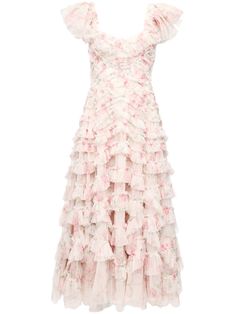 light pink/multicolour all-over floral print layered design tulle overlay fully ruffled cut-out detailing sweetheart neck sleeveless mid-length Backless Midi Dress, Wedding Guest Looks, City Dress, Needle Thread, Layered Design, Summer Beach Wear, Sweetheart Neck, Needle And Thread, Cocktail Dress Party