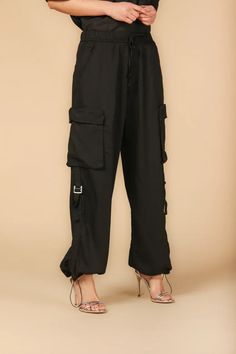 * 100% Modal * Elastic drawstring waist * Side slant pockets * Drawstring at hem * Side leg cargo pockets * Back welt pockets Welt Pockets, Welt Pocket, Drawstring Waist, Elastic, Black