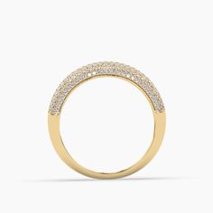 This exquisite band features an intricate micro-pavé setting, meticulously placing over 250 small stones along the surface, creating a continuous and radiant sparkle. The stones, skillfully set with precision, extend gracefully halfway down the shank, adding a touch of glamour and brilliance to this beautifully crafted piece. The 5.5mm width provides a perfect balance, offering a substantial presence while maintaining a sense of delicacy. Whether worn alone for a touch of understated elegance or Elegant Yellow Gold Sparkling Diamond Ring, Elegant Yellow Gold Diamond Ring With Sparkling Stones, Yellow Gold Diamond Ring With Sparkling Stones For Wedding, Formal Yellow Gold Diamond Ring With Sparkling Stones, Micro Pave Band, Gold Diamond Wedding Band, Pave Band, Zodiac Pendant, Eternity Wedding Band