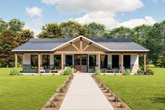 a rendering of a house in the middle of a grassy area with a walkway leading to it