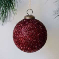 a red ornament hanging from a christmas tree