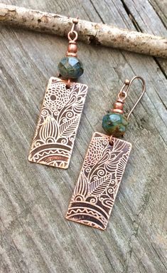 Copper Earrings Dangle Drop Copper Jewelry Boho Jewelry | Etsy Etched Jewelry, Rings Opal, Earrings Nature, Etched Copper, Floral Jewelry, Fall Earrings, Green Jewelry, Earrings Green, Jewelry Boho