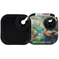 the party plates are black and have handles on each side, with one serving tray holding food