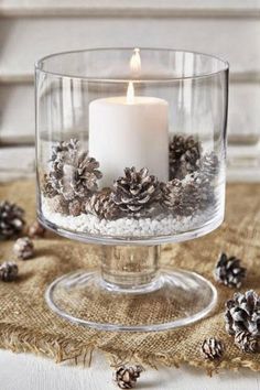 an image of a candle with pine cones in it