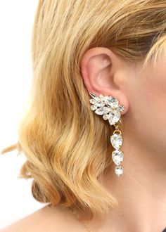 Bridal Earrings Climbing Chandelier Earrings Bridal Crystal | Etsy Pierced Dangle Ear Cuff For Wedding, Dangle Ear Cuff For Party With Matching Earrings, Party Dangle Ear Cuff With Matching Earrings, Swarovski Crystal Chandelier, Dark Blue Earrings, Navy Earrings, Crystal Cluster Earrings, Bridal Earrings Chandelier, Ear Crawler Earrings