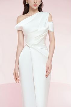 This midi dress is made from a luxurious blend of silk and spandex, featuring a pleated shoulder and pencil dress silhouette. Ideal for special events, this white dress will flatter your figure while giving you the comfort of flexible fabrics. Lace Pencil Dress, Gown Ideas, Modern Dresses, Civil Wedding Dresses, Mean Blvd, Midi Dress Formal, Women Dresses Classy, Dress Korean, Dresses Simple