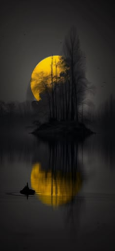 a boat floating on top of a lake under a full moon