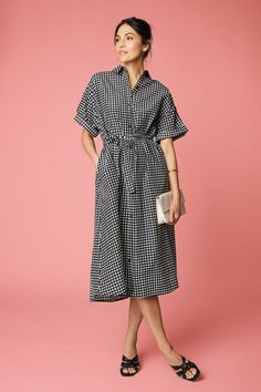 Sarah Shirtdress | Black Stripe - Tucker Chic Tie-waist Shirt Dress For Fall, Chic Fall Shirt Dress With Tie Waist, Knee-length Shirt Dress With Cuffed Sleeves For Work, Chic Knee-length Shirt Dress With Placket, Chic Shirt Dress With Tie Waist For Day Out, Chic Office Dress With Pockets, Short Sleeve Midi Dress With Placket For Workwear, Workwear Midi Dress With Cuffed Sleeves, Midi Length Dresses With Cuffed Sleeves For Work