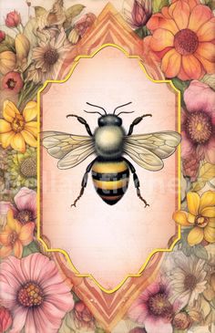 a bee sitting on top of a frame surrounded by flowers