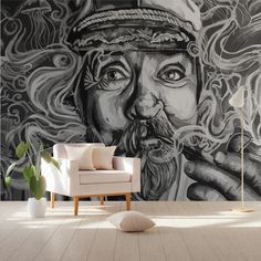 a large mural on the wall of a living room