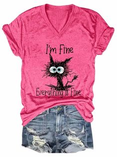 Vacation Streetwear, I Am Fine, Streetwear Preppy, Women Slogan, Black Cat Print, Slogan Tshirt, Animal Cat, Everything Is Fine, Plus Size Kleidung