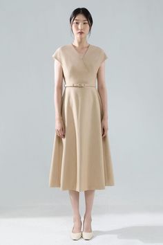 Elegant Neutral A-line Midi Dress, Elegant V-neck Tweed Dress, Brown A-line Dress For Office, Classic Beige Midi Dress For Office, Beige A-line Dress For Workwear, Beige A-line Dress For Work, Neutral Midi Dress For Workwear, Neutral Midi Dress For Work, Neutral Midi Length Workwear Dresses