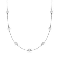 Ross-Simons - 5.00ct t. w. Lab Grown Diamond Station Necklace in 14kt White Gold. 18". Indulge in big-deal sparkle at a significant value! Our 5.00 ct. t. w. round brilliant-cut lab-grown diamond station necklace is a classic style with modern appeal. Crafted in polished 14kt white gold on a cable chain with a 2" extender. Lab-grown diamonds are identical to mined diamonds according to their optical, physical and chemical properties. All Ross-Simons lab-grown diamond jewelry includes an IGI Labo Classic Round Diamond Station Necklace, Luxury Round Station Necklace With Single Cut Diamonds, Luxury Station Necklace With Single Cut Diamonds, Formal Round Station Necklace With Bezel Setting, Fine Jewelry Station Necklace With Single Cut Diamonds, Luxury Formal Station Necklace With Diamond Accents, Classic Round Station Necklace For Formal Occasions, White Gold Brilliant Cut Round Station Necklace, White Gold Station Necklace With Round Diamond