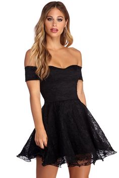 This dress has some class and a whole lot of sass! This darling black dress features a sweetheart neckline with padded cups. wide off the shoulder straps. a hidden back zipper with a hook closure for a seamless appearance and a secure fit. Skater skirt adds some extra flare with layers of tulle. Dress is composed of a lace fabric with a moderate stretch and includes a full lining.Model is 5'8" with a 32" bust. 23" waist and 36" hips. She is wearing a size small. Dressy Dresses, Sweetest Day, Maxi Dresses Casual, Sweet Dress, Day Dress, Tulle Dress, Lace Fabric, Sweetheart Neckline, Day Dresses