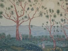 an artistic painting with trees and animals in the foreground, on a wallpapered background