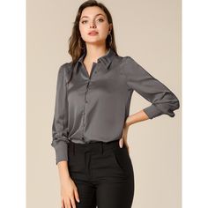 Pair perfectly with your favorite skirts or jeans for a chic look. This satin shirt is a throw-on piece. Wearing this, you can create your stunning chic look effortlessly, and you can be subtly elegant for work now and flirtatiously playful the next. Add this versatile piece to your everyday wardrobe. It can be dressed up or down. The relaxed fit enhances the laid-back look with a bit of glamour. Gray Long Sleeve Blouse With Buttons, Padded Button-up Blouse For Fall, Fall Padded Button-up Blouse, Elegant Long Sleeve Gray Tops, Elegant Gray Long Sleeve Tops, Elegant Gray Top With Button Closure, Elegant Gray Tops For Business Casual, Business Casual Blouse With Back Button Closure For Fall, Gray Button-up Top For Work