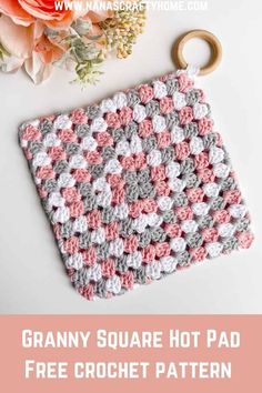 granny square crochet pattern with text overlay that reads granny square hot pad free crochet pattern