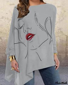 Color: gray, Size: XL Gray Asymmetrical Top For Layering, Asymmetrical Gray Top For Fall, Mode Harajuku, Harajuku Shirt, Graphic Tees Vintage, Looks Style, Plus Size T Shirts, Casual Fall, Eminem