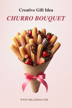 a bouquet of chocolate dipped strawberries and strawberries in a paper wrapper with the words creative gift idea churro bouquet